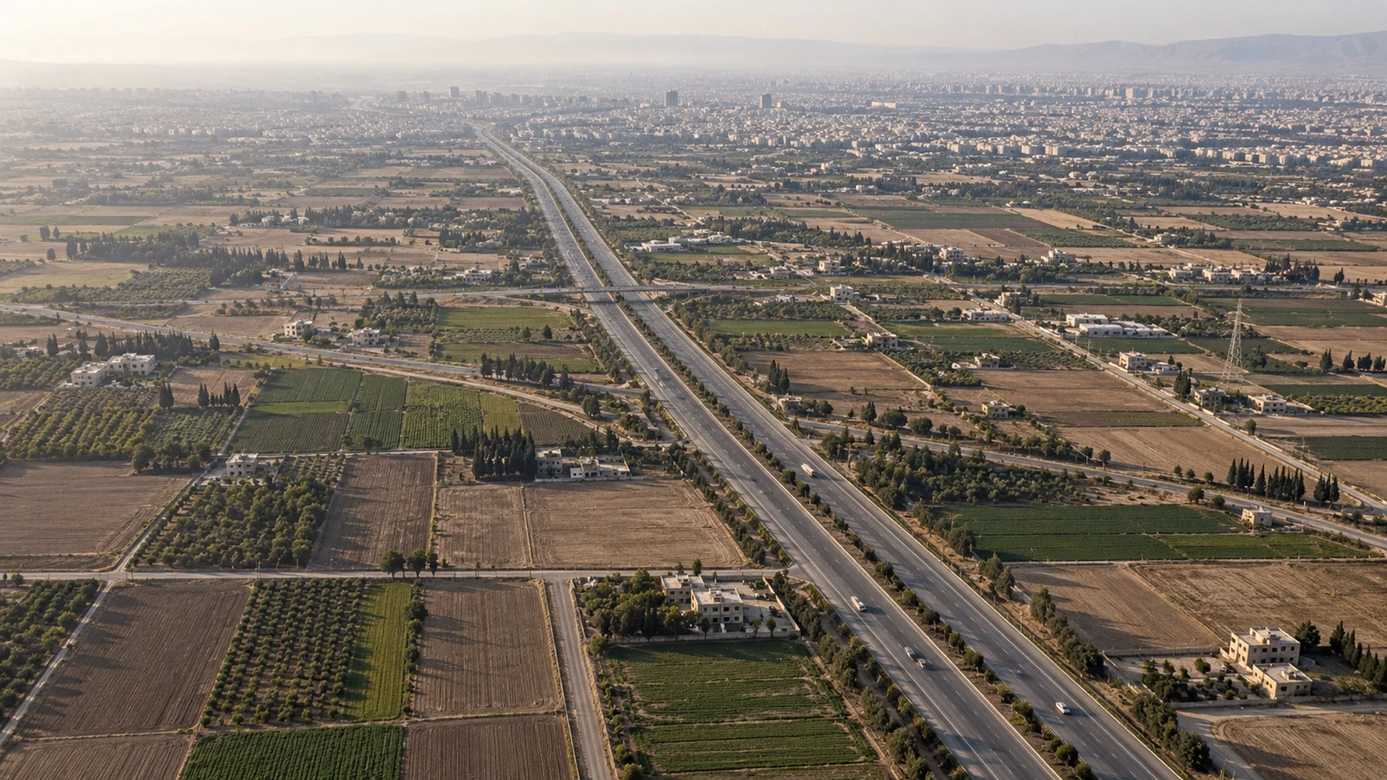 Conceptual aerial view evoking the Damascus airport corridor; not the actual property